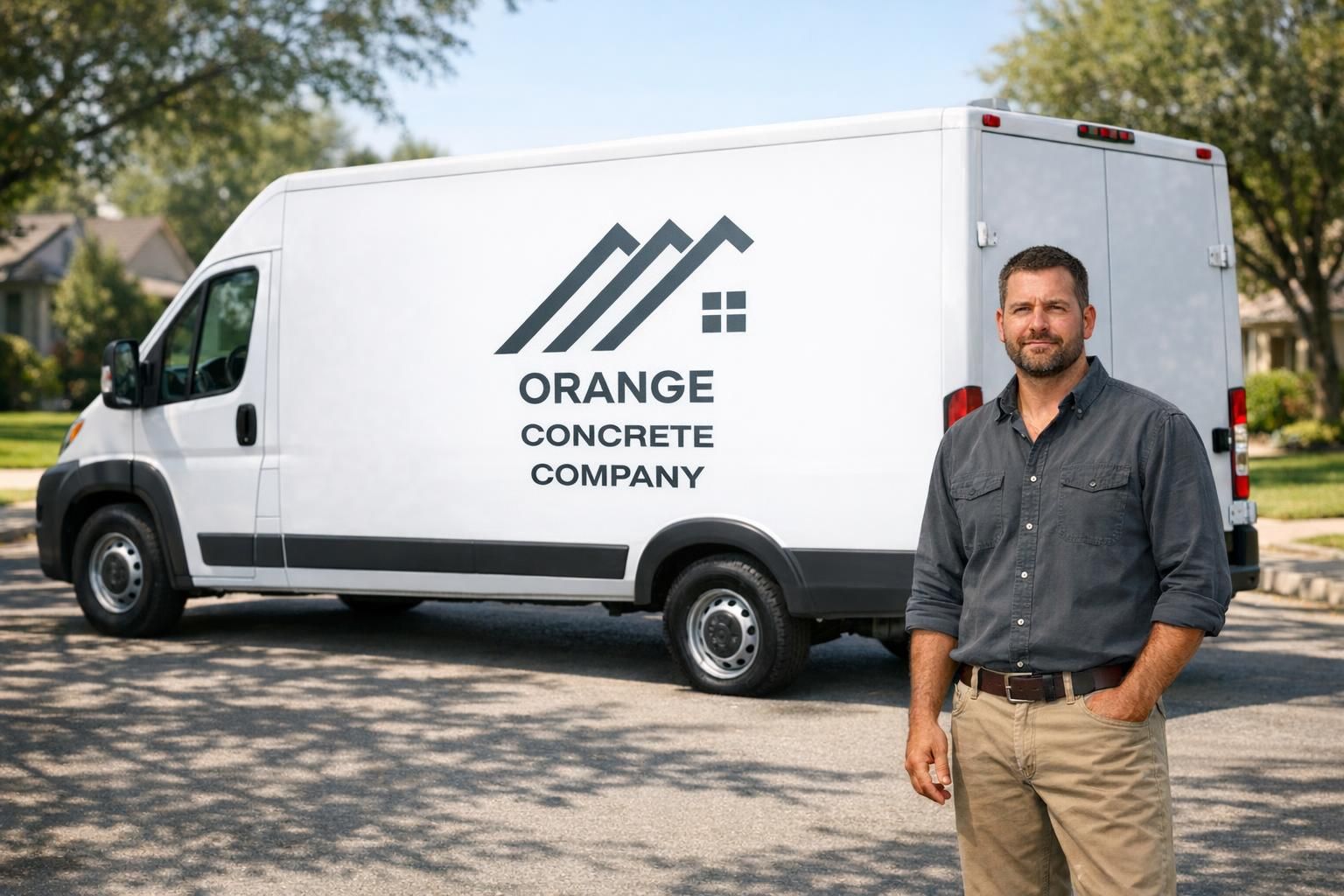 Concrete contractor working on a residential driveway in Orange, CA